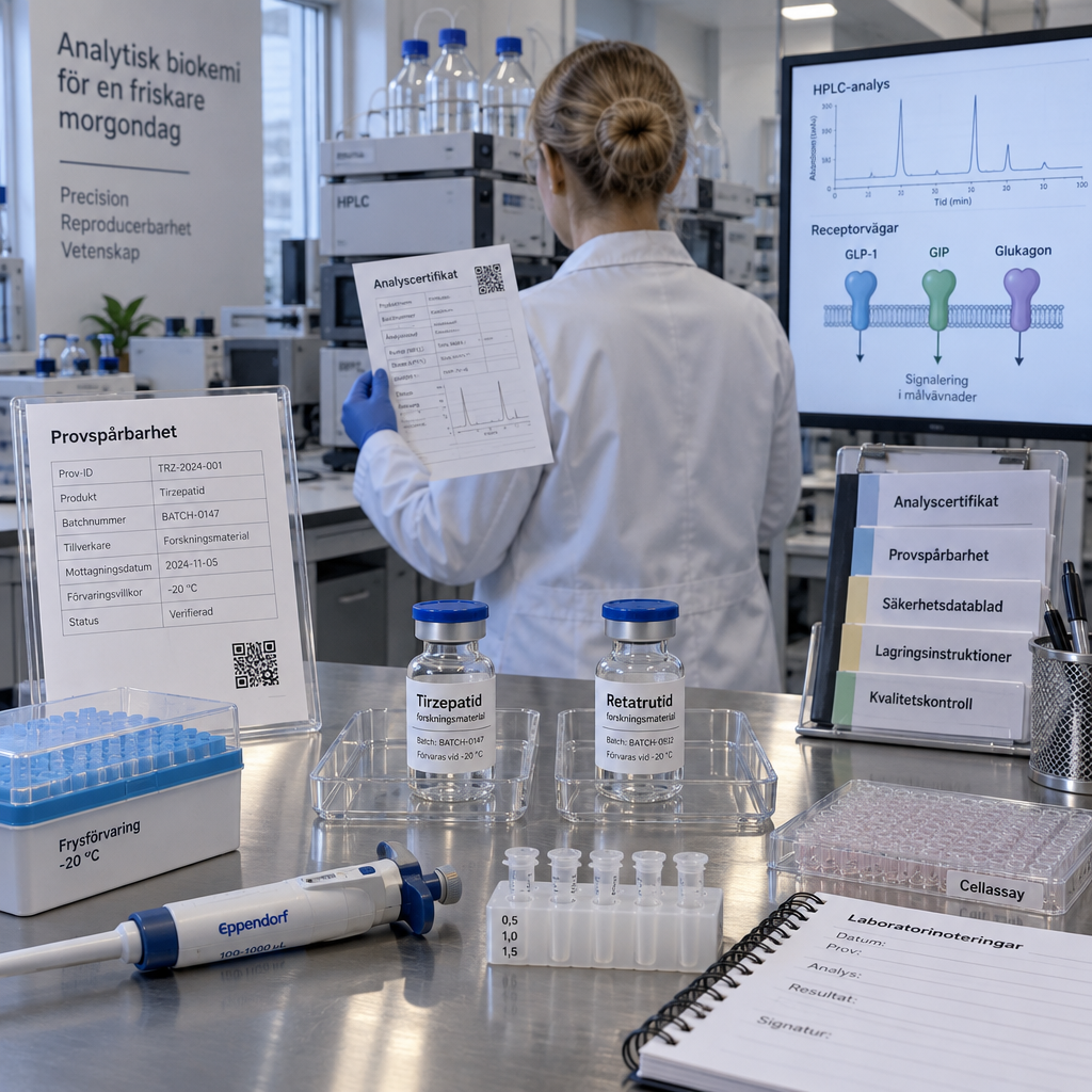 Analytiskt laboratorium med märkta vials för peptider viktminskning, dokument och forskare som granskar spårbarhet.