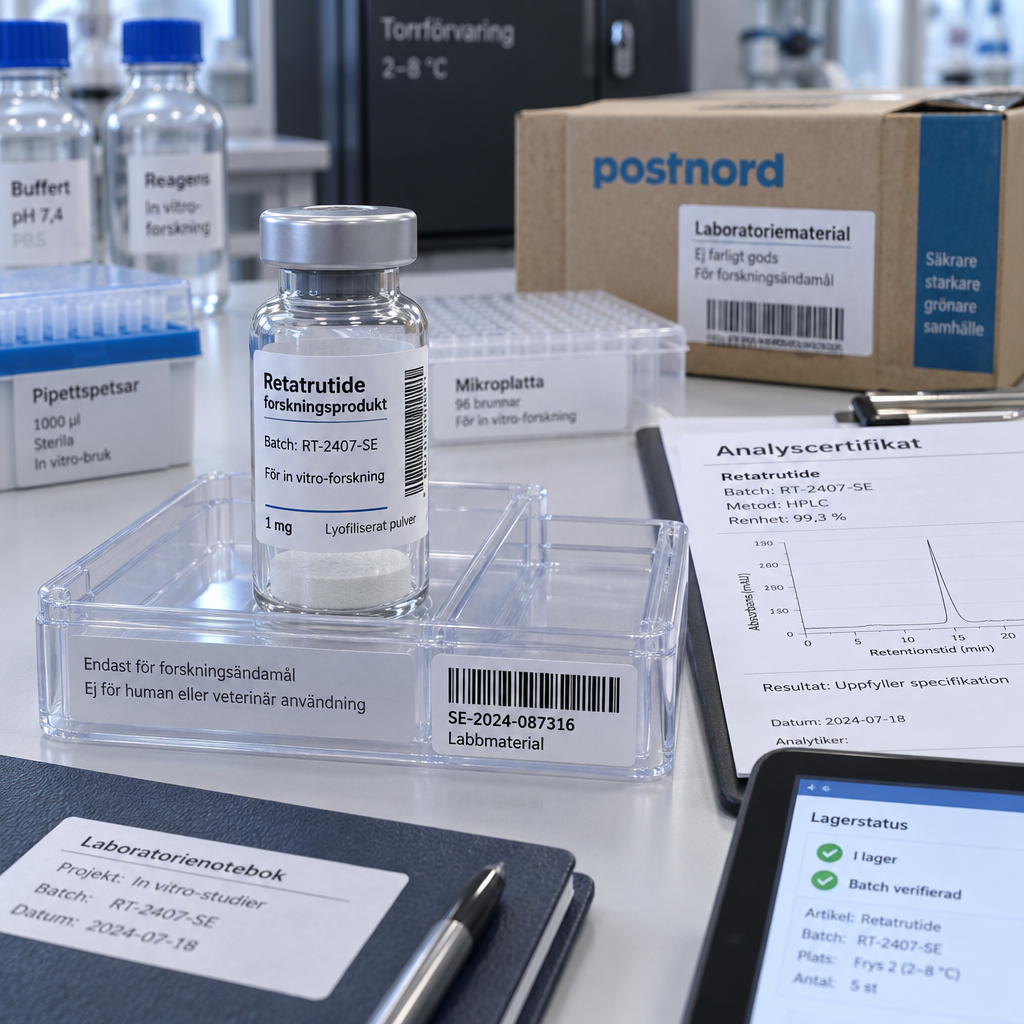Närbild av retatrutide sverige-vial med svensk forskningsetikett, batchkod och barkod på laboratoriebänk med analyscertifikat.
