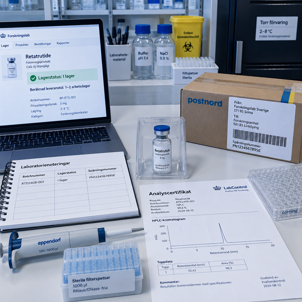 Översikt av biomedicinskt labb med förseglat retatrutide sverige-prov, batchdokument, HPLC-analys, lagerstatus och PostNord-paket.