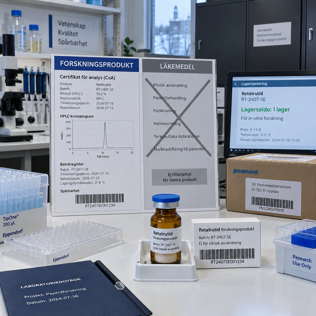 Retatrutide sverige: Forskningsprodukt i svenskt laboratorium med analyscertifikat, spårbarhet och ej klinisk användning.