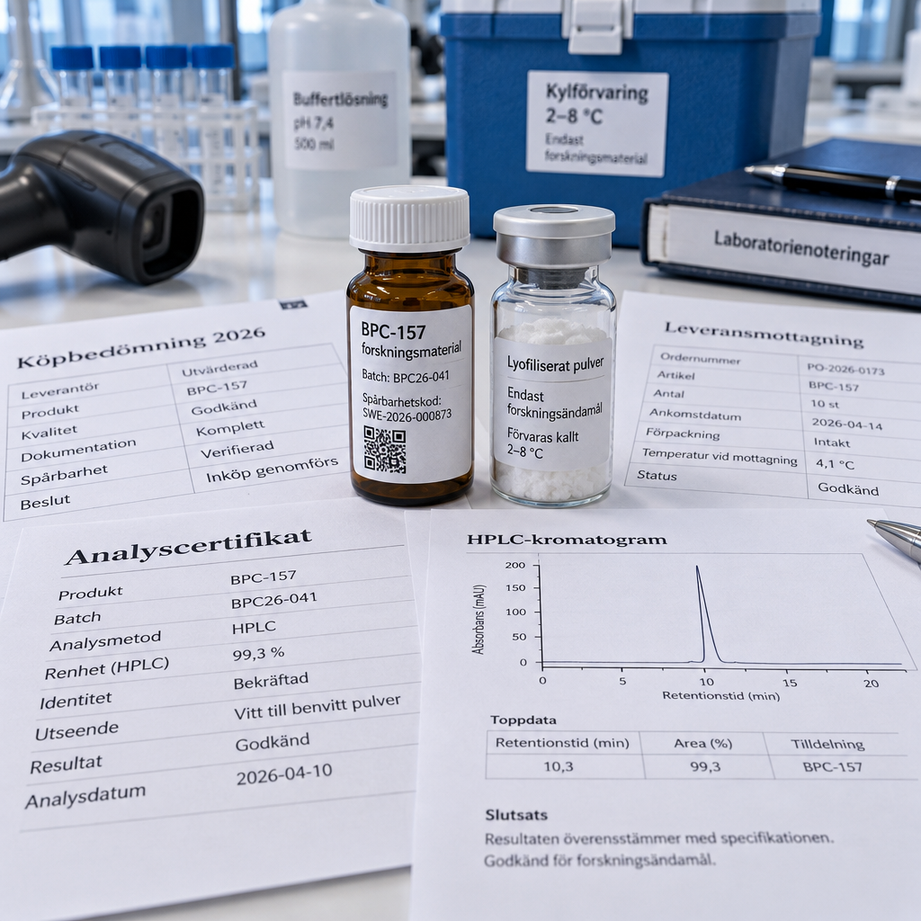 Närbild av BPC-157-forskningsmaterial med svenska spårbarhetshandlingar, HPLC-kromatogram och inköpsbedömning; bpc 157 köpa.