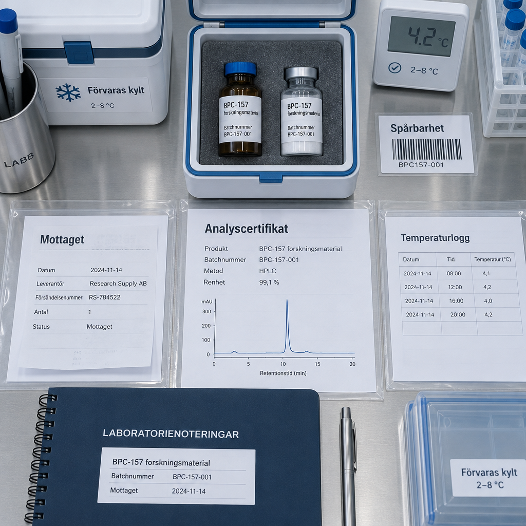 Översikt av dokumenterad BPC-157-förvaring med prov, batchspårning och analyscertifikat; bpc 157 köpa.