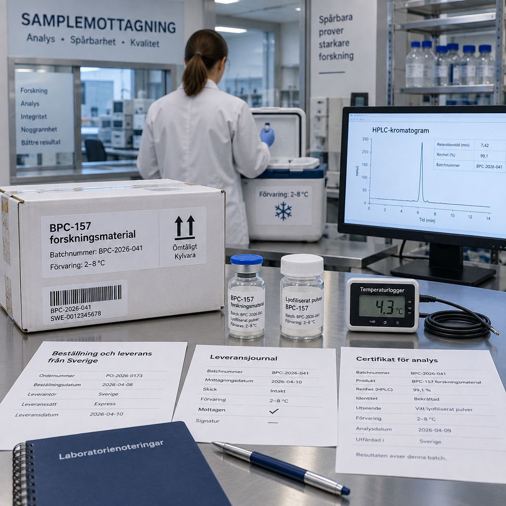 Laboratoriemottagning med BPC-157-forskningsmaterial, dokument och HPLC-kromatogram; bpc 157 köpa visas i spårbarhetskontext.