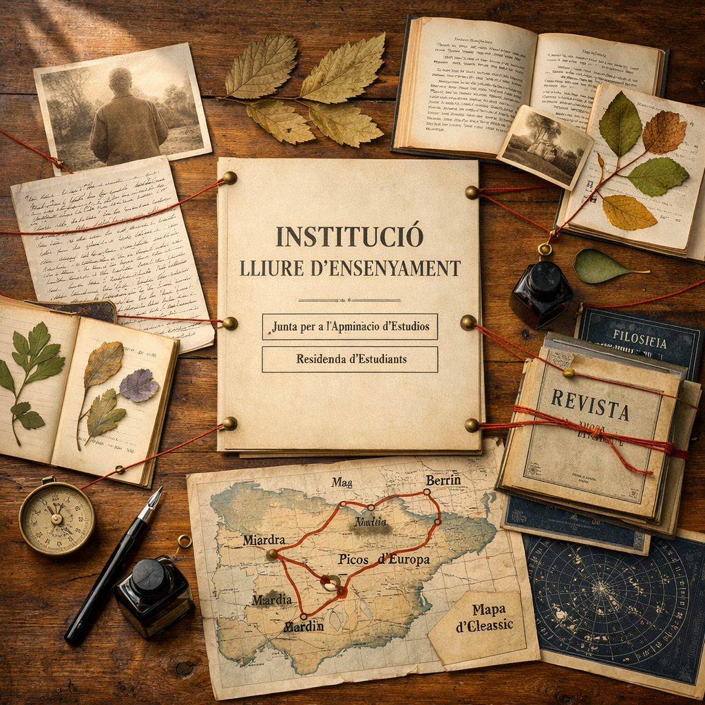 Natura morta d’arxiu sobre l’institución de libre enseñanza, amb llibres, cartes, mapes i fils vermells en una taula de noguera.