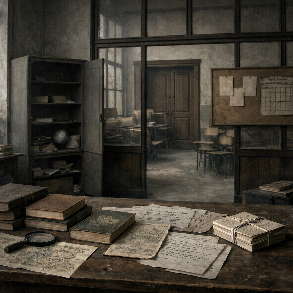 Sala d’arxiu polsegosa i abandonada, amb llibres i mapes tancats sobre una taula, evocant la institució de libre enseñanza sota el franquisme.