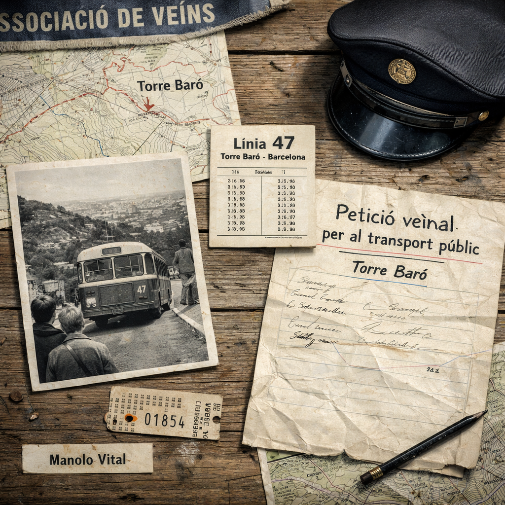 Taula amb mapa, foto de l’autobús 47, bitllet i petició veïnal de Torre Baró: Historia de Torré Baro El 47 y Manolo Vital