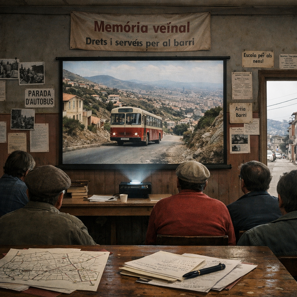 Veïns reunits en una sala de Torre Baró davant d’una projecció d’un autobús; “Historia de Torré Baro El 47 y Manolo Vital”.