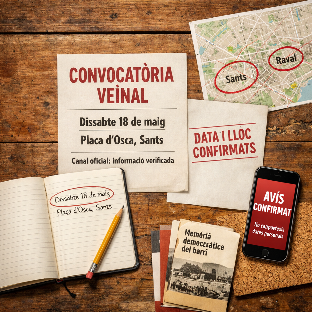 Taula de verificació veïnal a Barcelona amb avisos en català, mapa, mòbil i fullet de memòria; Antifeixisme Antiracisme Barcelona