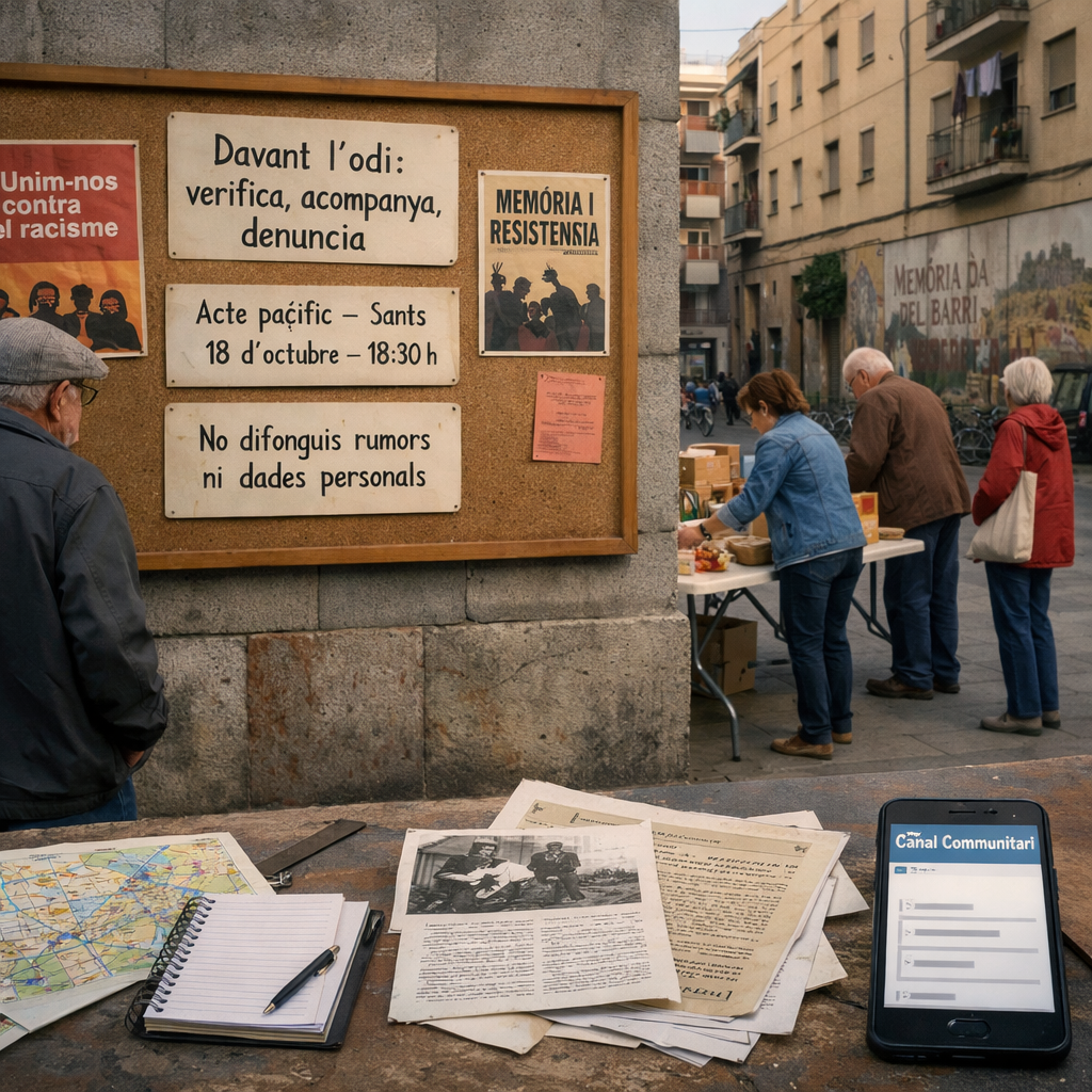 Carrer de Nou Barris amb veïnat organitzant una taula solidària i avisos cívics; Antifeixisme Antiracisme Barcelona.
