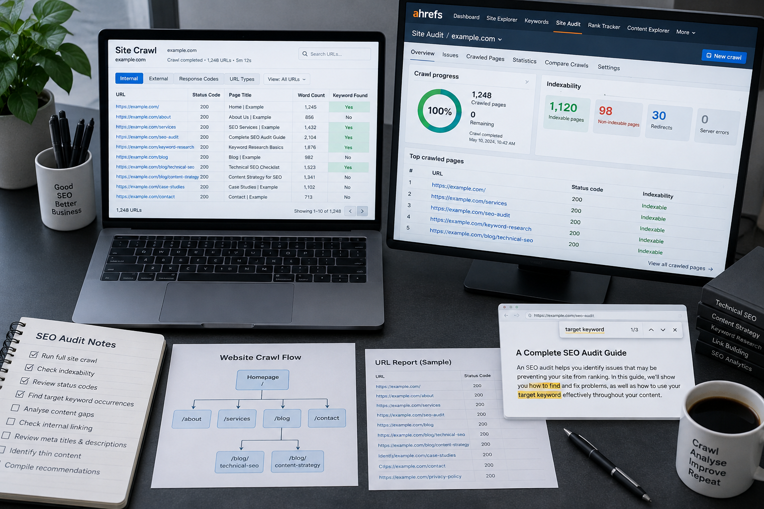 SEO audit workspace showing URL crawl tables, keyword highlights, and Ctrl+F search for “how to search a website for keywords”