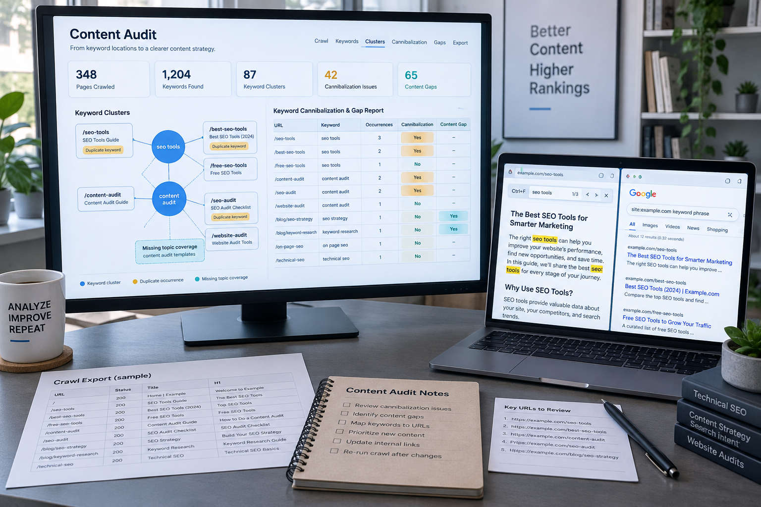 SEO workspace showing keyword audit dashboard, linked page clusters, content gaps, and Google search results for how to search a website for keywords