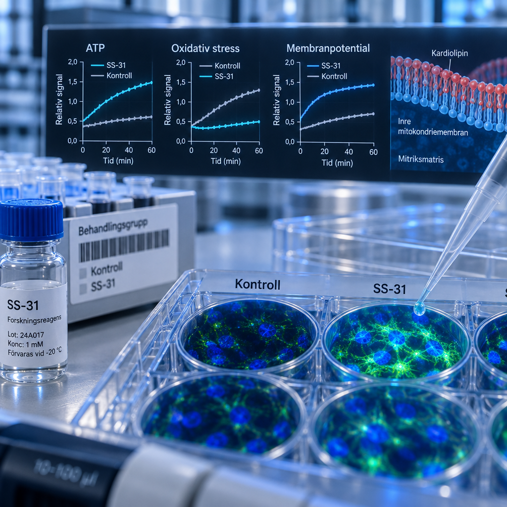 Närbild av fluorescerande hjärtceller i assayplatta med SS-31-peptid, kontrollbrunn och svenska mätgrafer.