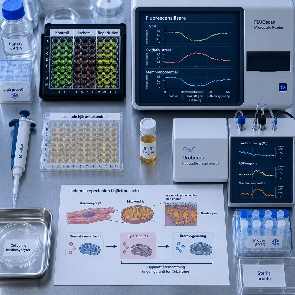 Översikt av laboratoriebänk med ischemireperfusionsplattor, mitokondrier, mätinstrument och ss-31 peptide för ATP och oxidativ stress.