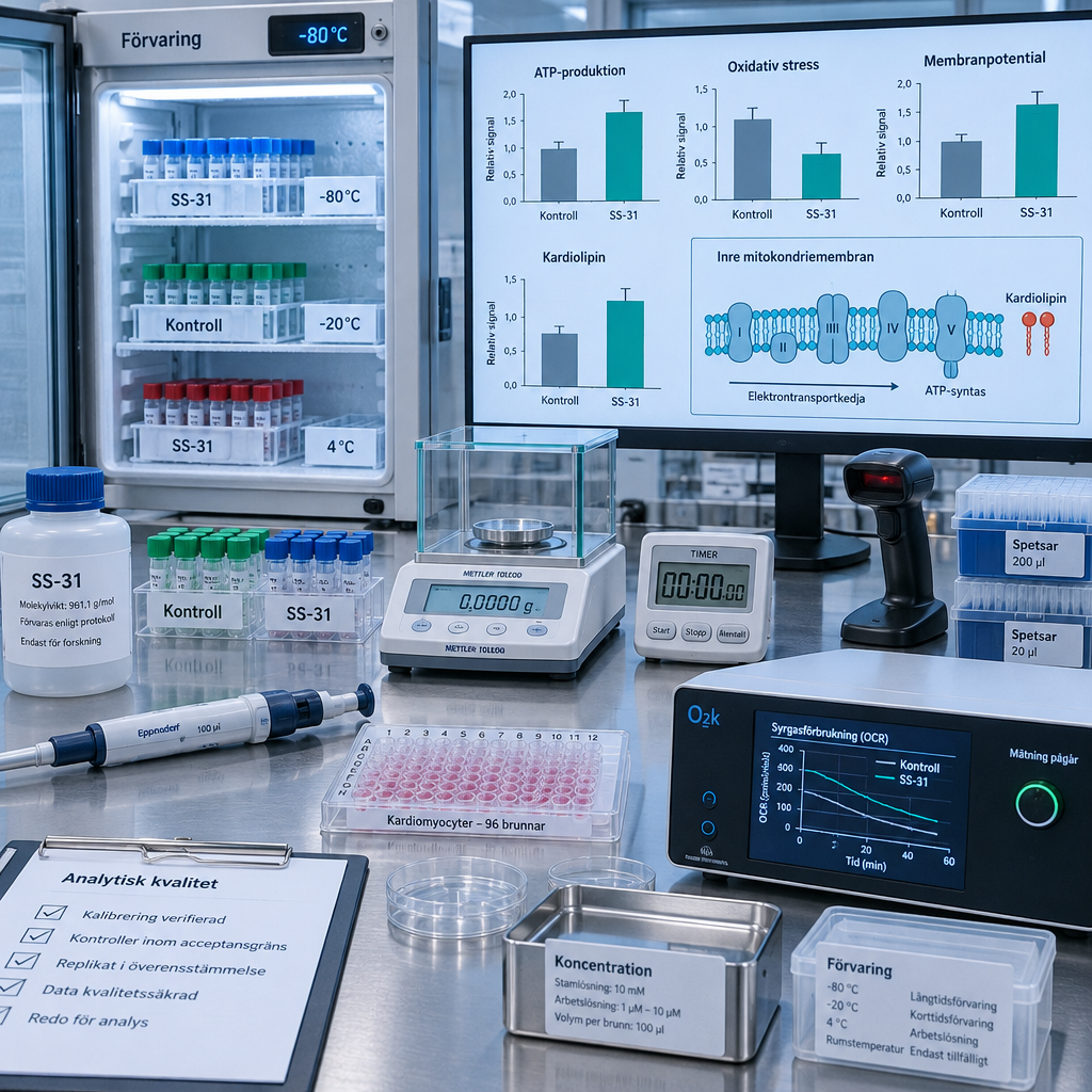 Översikt av sterilt laboratorium med ss-31 peptide, hjärtcellprover, märkta vialer, mätinstrument och analysgrafer.