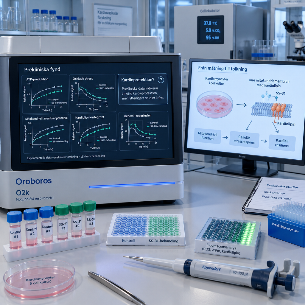 Modernt hjärtlaboratorium med respirometer, provvialer och platta märkt Kontroll och SS-31-behandling; ss-31 peptide i preklinisk analys.