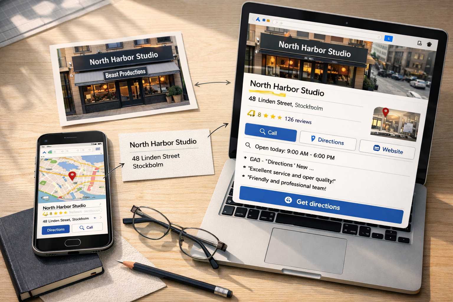 Overhead flat lay shows a Swedish business listing, map, address card, and storefront photo illustrating what is local SEO.