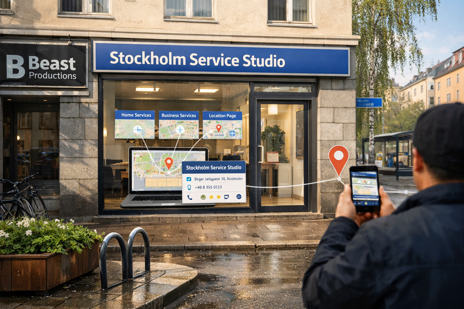 Stockholm storefront with map screens, service panels, and nearby smartphone; illustrates what is local SEO in a connected neighborhood.