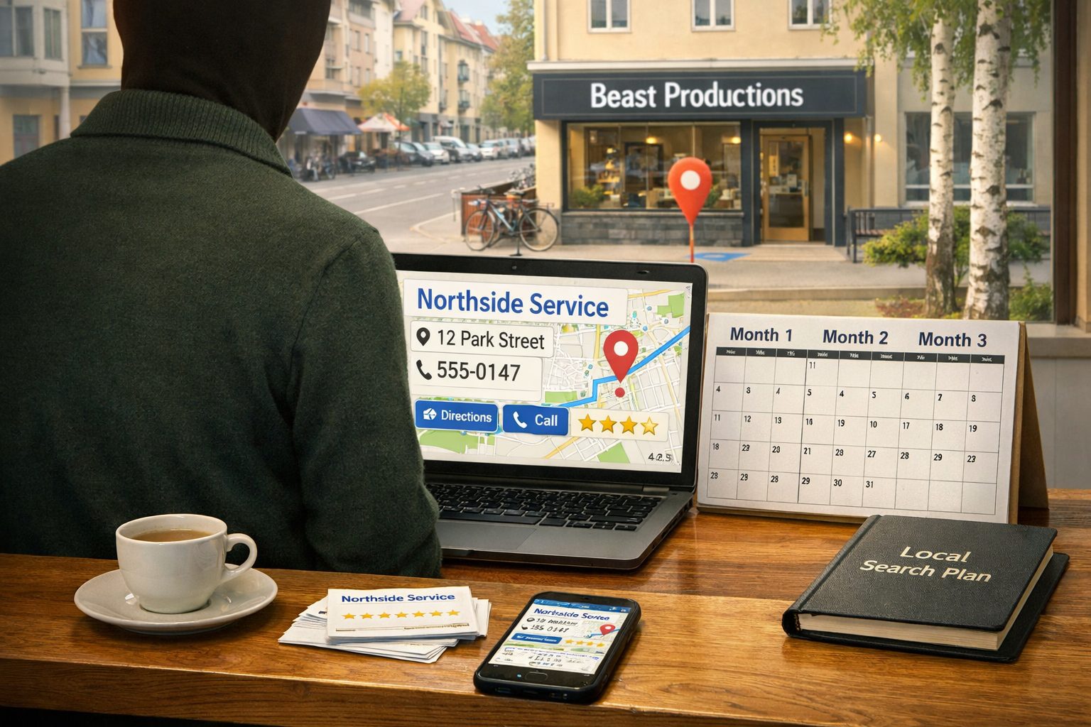 Faceless shop owner reviews a local map plan, calendar, and laptop listing beside a Swedish storefront—what is local SEO.