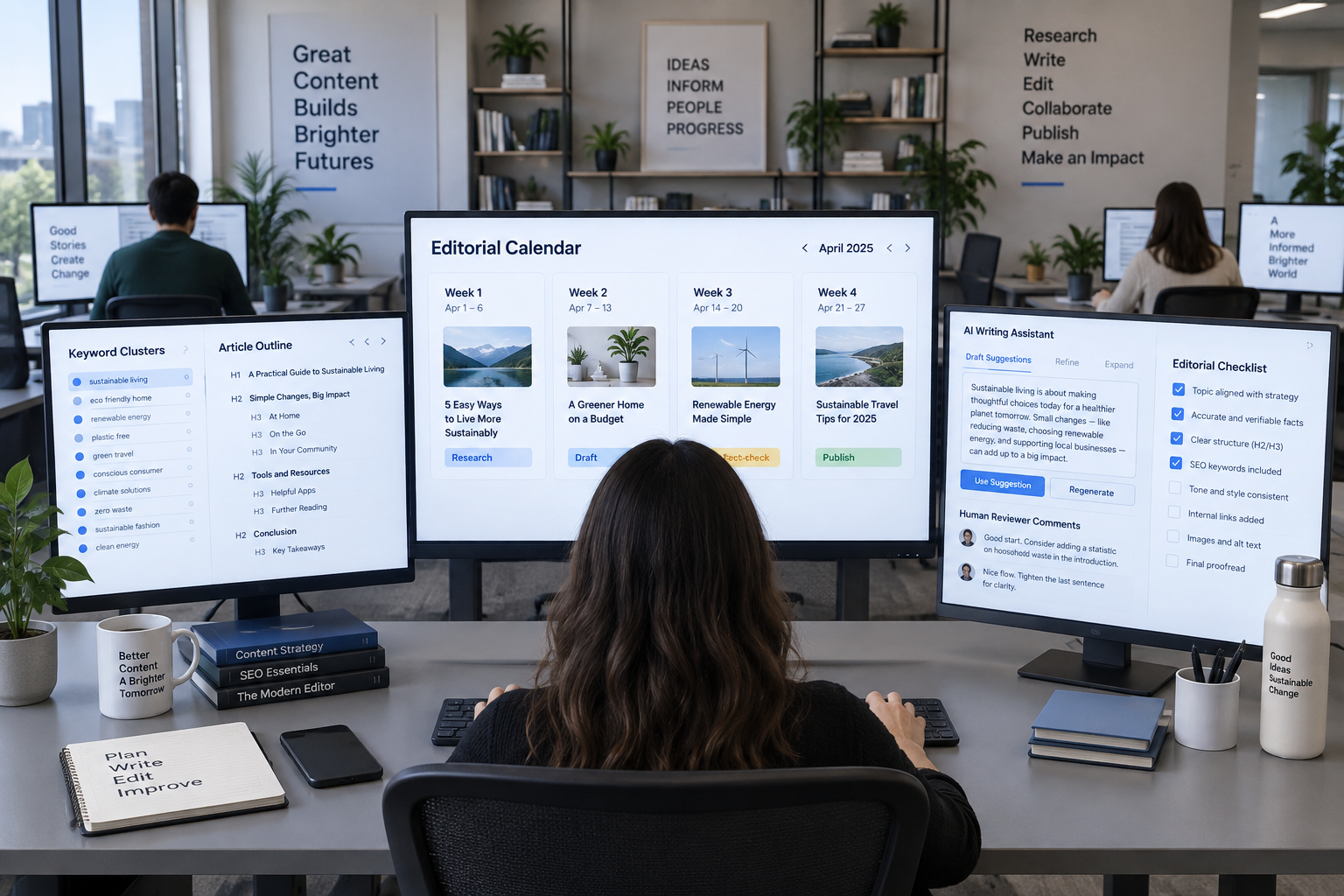 Editor uses article writer ai at a tidy studio workstation, reviewing a four-week editorial calendar and draft suggestions.