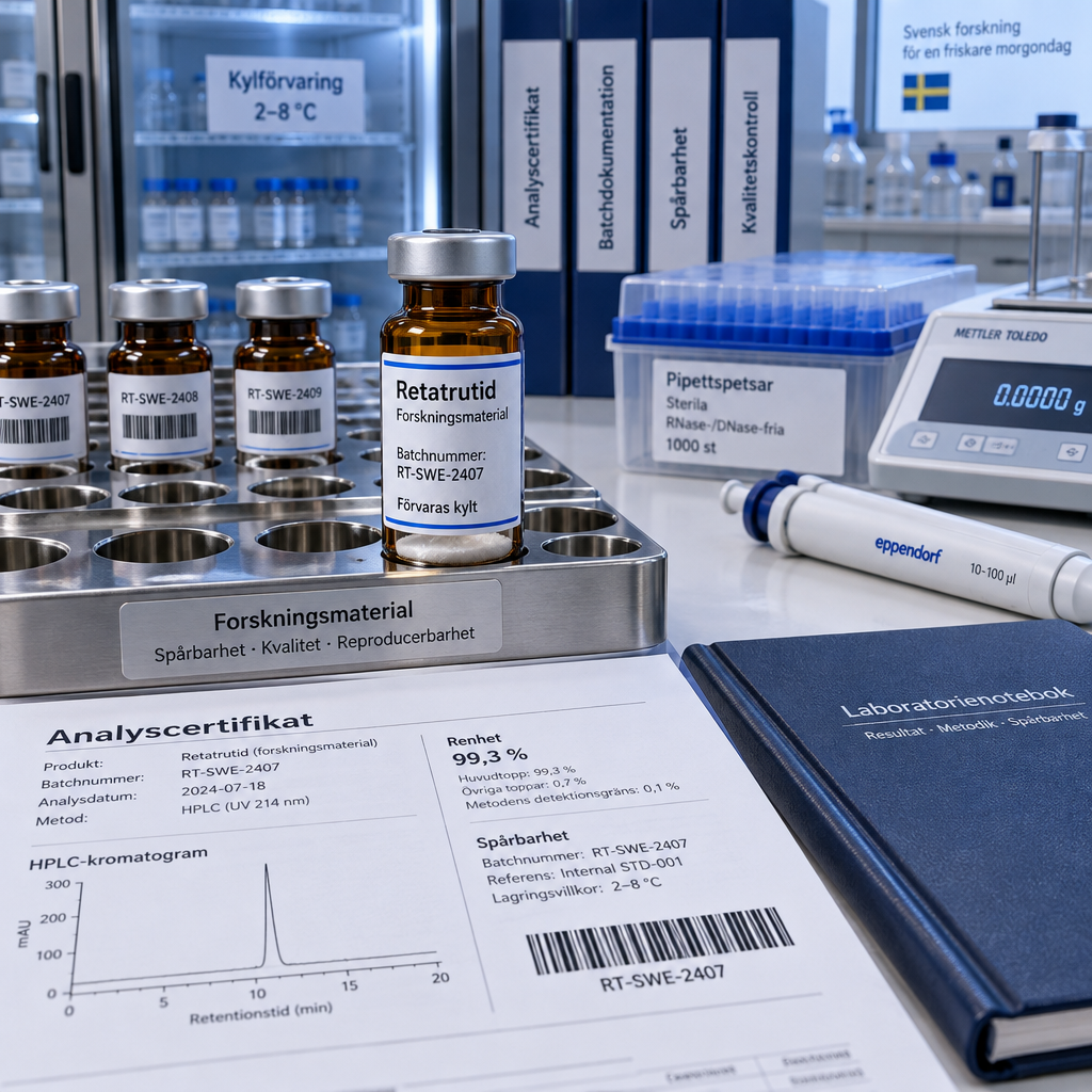 Retatrutide sverige: bärnstensfärgat forskningsprov med analyscertifikat i svenskt biomedicinskt laboratorium.