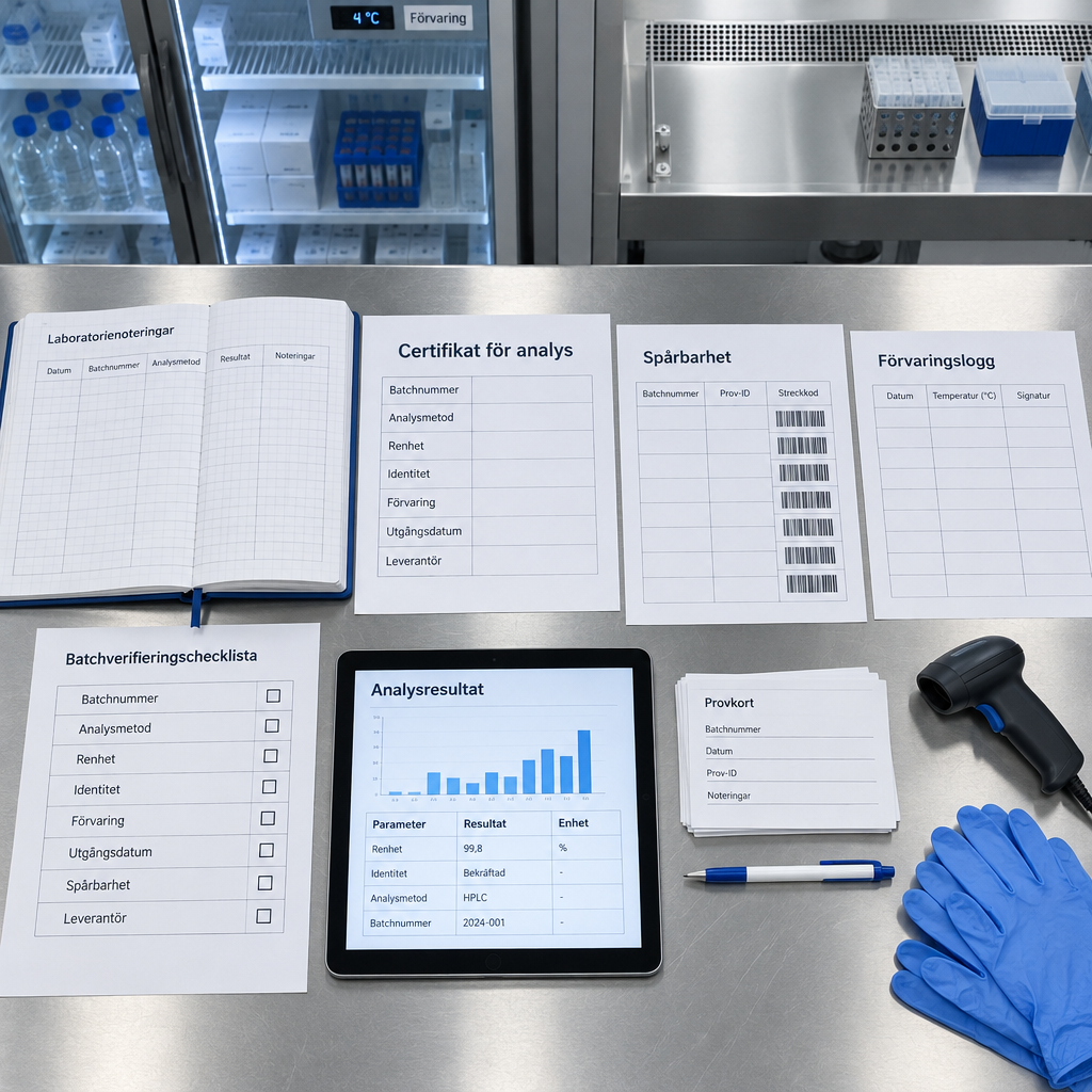Översikt av svensk biomedicinsk dokumentationsstation med batch- och analysprotokoll, spårbarhet och texten ”Retatrutide sverige”.