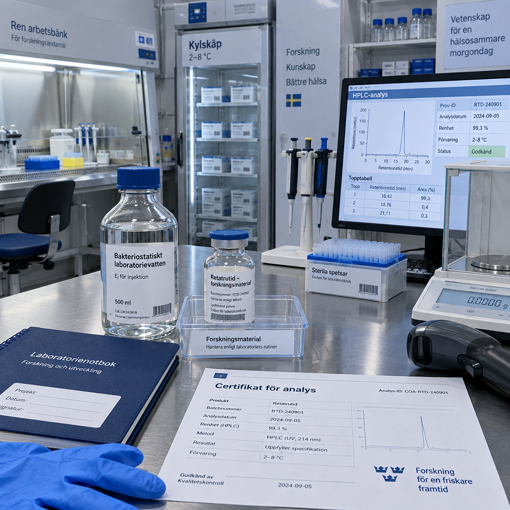 Svenskt forskningslaboratorium med retatrutid, laboratorievatten, HPLC-dokumentation och etiketten ”Retatrutide sverige”.