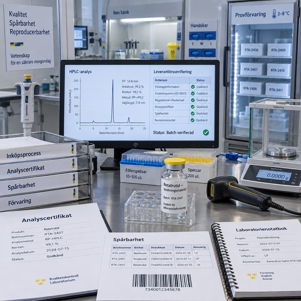 Laboratorium i Sverige med Retatrutide sverige, batchdokument, analyscertifikat, HPLC-kromatogram och spårbarhetskontroll.