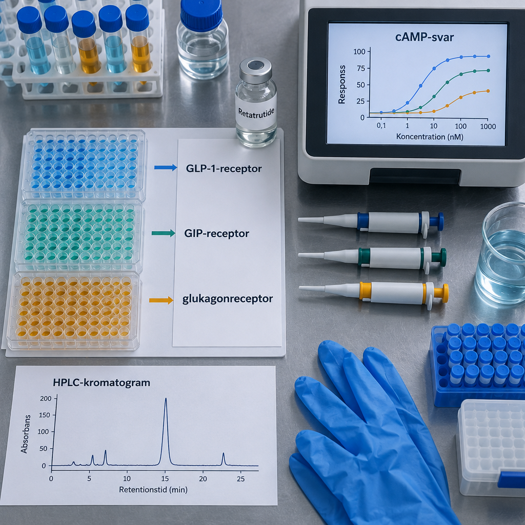 Översikt av labbänk med tre receptorassayplattor, Retatrutide-flaska, pipetter och plattläsare med cAMP-svar.