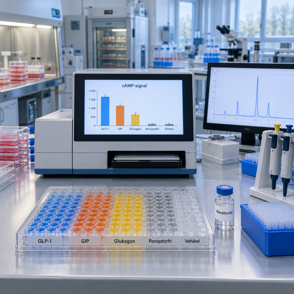 Modernt laboratorium med cellplatta, cAMP-graf och HPLC-kromatogram; märkt Retatrutid (Retatrutide).