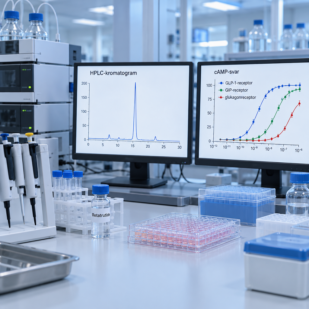 Retatrutide-vial bredvid HPLC-kromatogram och separata cAMP-svar för GLP-1-, GIP- och glukagonreceptorer på labbänken.