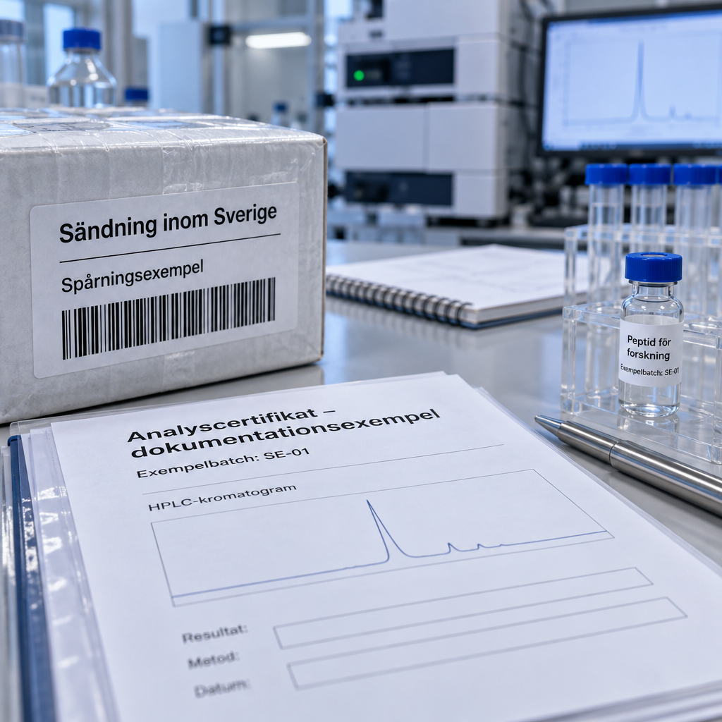 Närbild av laboratoriebänk med peptid för forskning, analysdokument och svensk försändelse – peptider sverige.