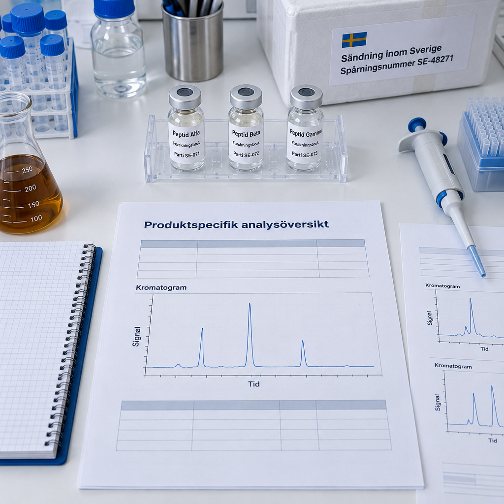 Översikt över peptider sverige: märkta provrör, analysblad med kromatogram, labbutrustning och svensk försändelseetikett.