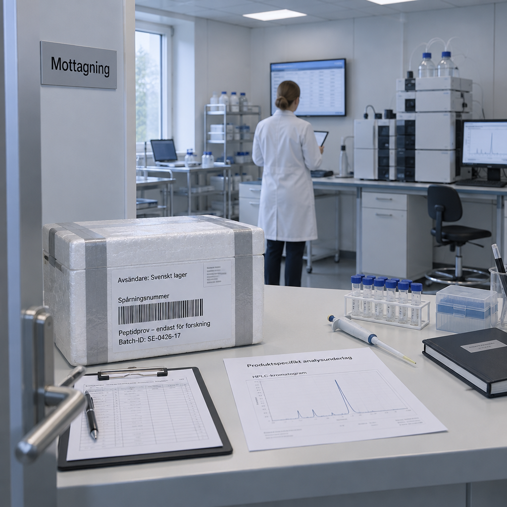 Forskningslabb med peptider sverige: forskare granskar spårningsskärm vid mottagning, med paket, HPLC-kromatogram och analysunderlag.
