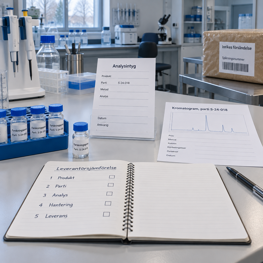 Svenskt forskningslabb med peptider sverige, jämförelsechecklista, analysintyg, kromatogram, provrör och märkt försändelse.