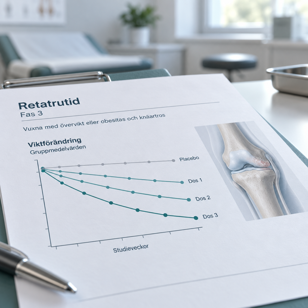 Fas 3-studiegraf med retatrutid och placebo visar gruppers reta viktnedgång; bredvid syns en knäledsillustration.