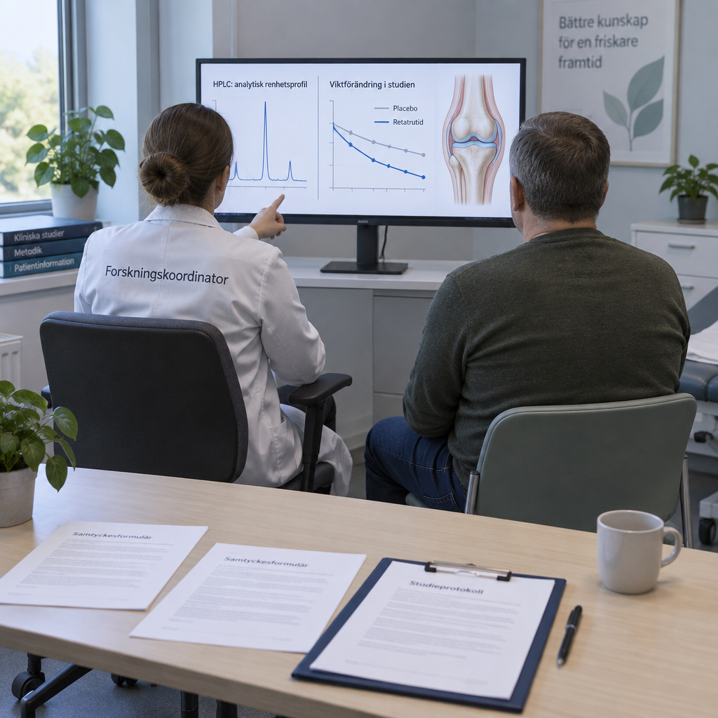 Forskningssamordnare och studiedeltagare granskar viktförändring, knäled och HPLC-renhetsprofil; saklig vy utan reta viktnedgång som löfte.