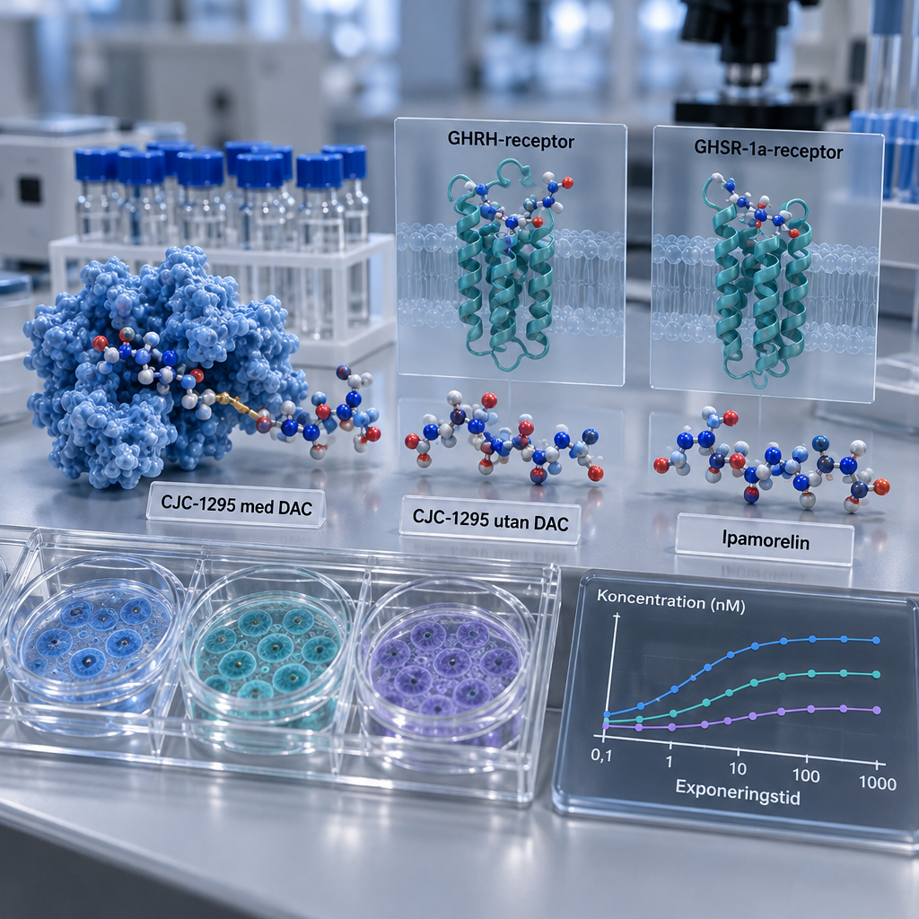 Molekylmodeller av cjc 1295 ipamorelin jämförs med albumin, receptordiagram och signalspår i tre analysbrunnar på en labbänk.