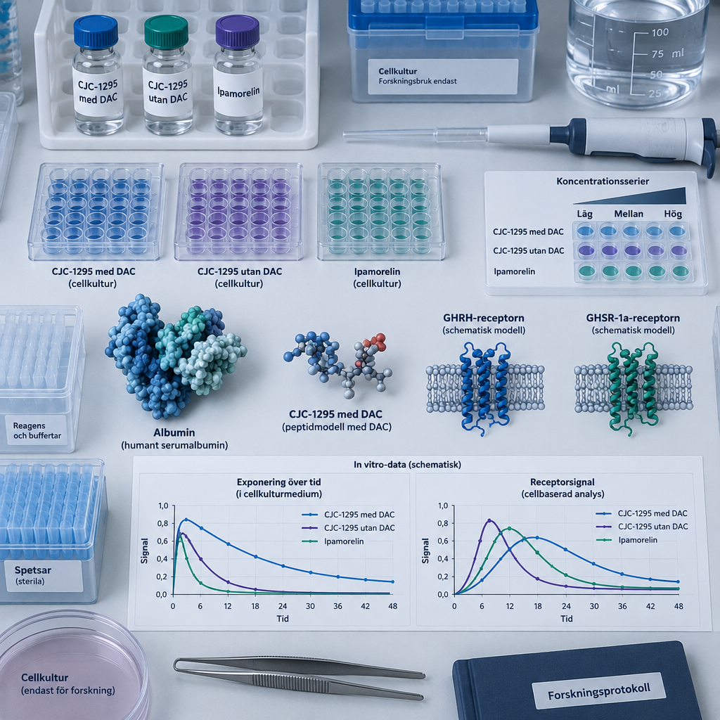 Plattläggning i labb med cjc 1295 ipamorelin, provrör, cellprover och separata diagram för exponering och receptorsignal.