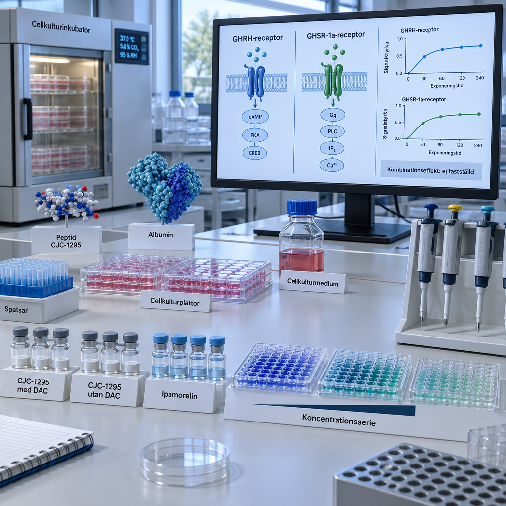 Biomedicinskt labb med provrör märkta CJC-1295 och ipamorelin, assayplattor och separata receptorsignaler på en skärm.
