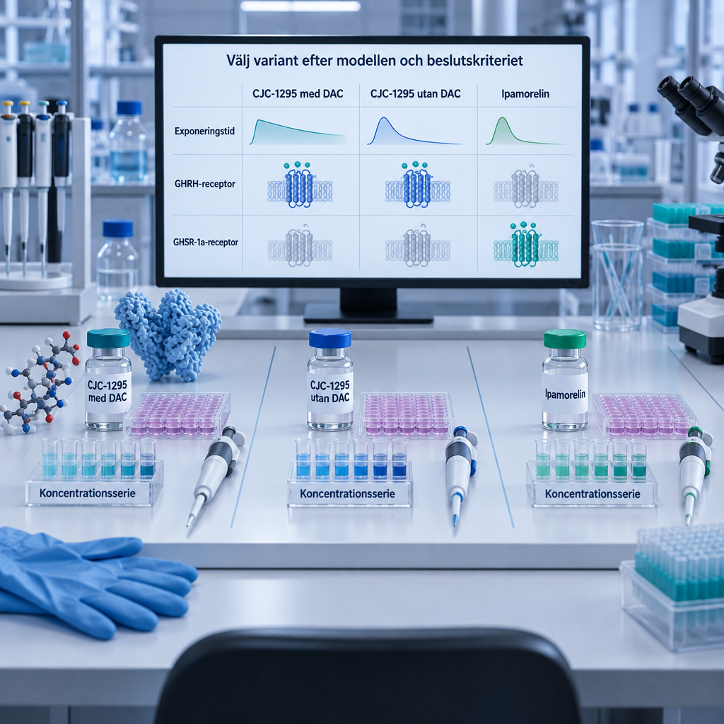 CJC-1295 med och utan DAC samt Ipamorelin jämförs i cellanalyser; cjc 1295 ipamorelin, receptordiagram och koncentrationsserier visas.
