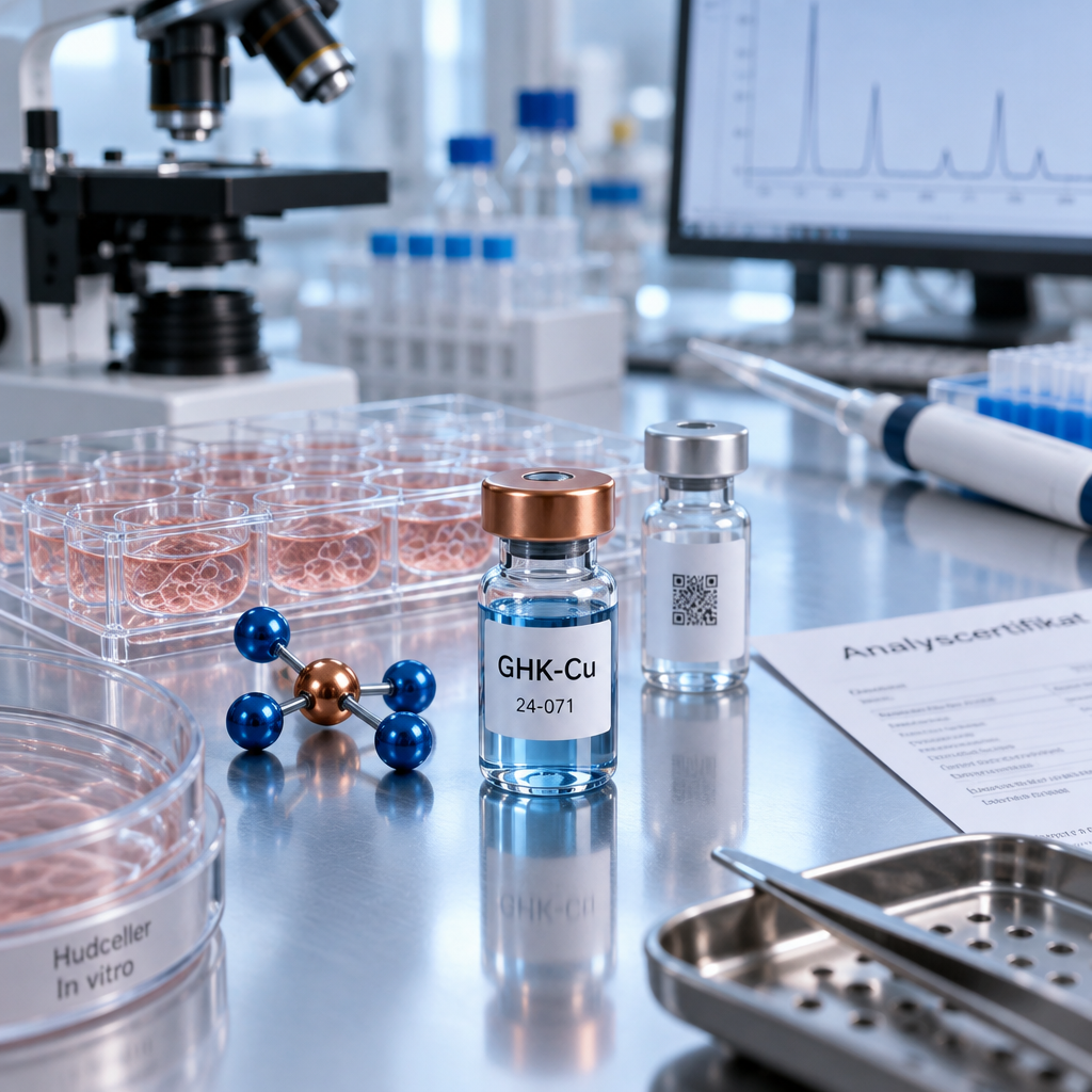 Mikrovial märkt GHK-Cu och 24-071 på hudcellsbänk med provplatta och molekylmodell; peptider hudvård bäst i test