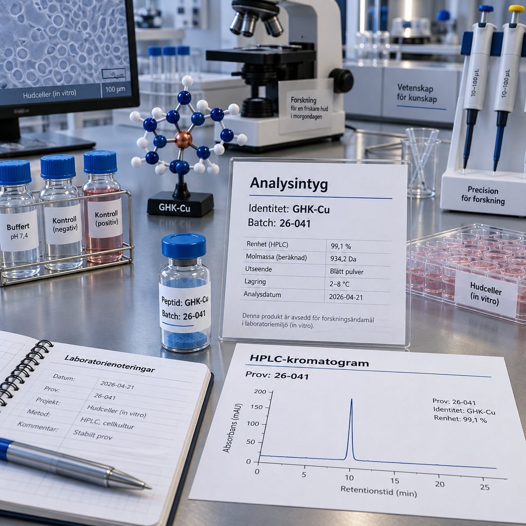 GHK-Cu-prov och analysintyg med HPLC-kromatogram på labbänk; peptider hudvård bäst i test i kontrollerad hudcellsforskning.