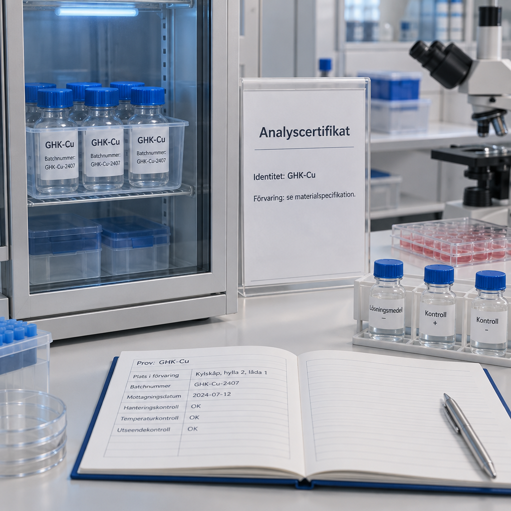 GHK-Cu-peptider i märkt förvaringsskåp med analyscertifikat och labbanteckningar; hudceller i mikroskop. peptider hudvård bäst i test