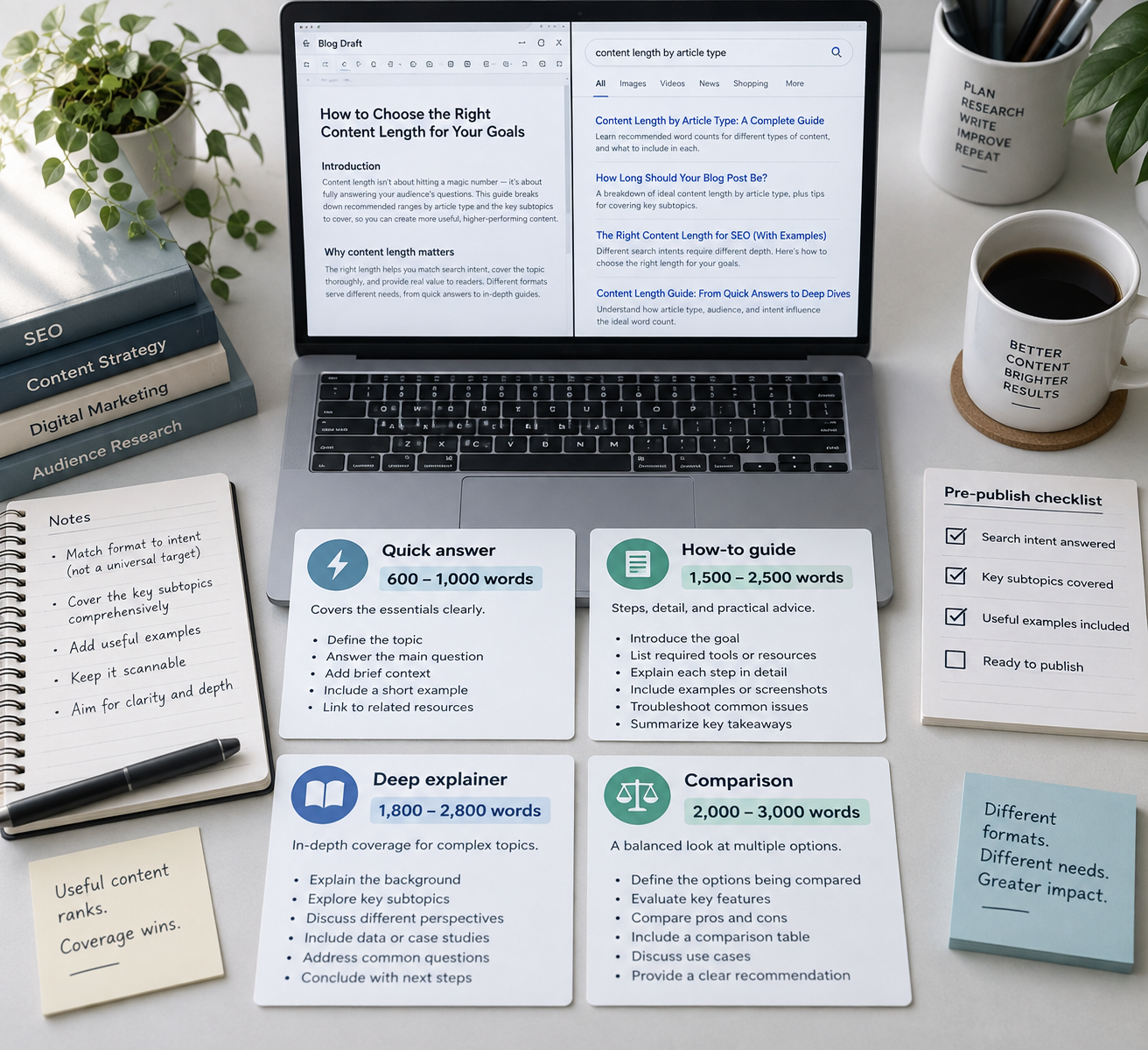 SEO strategist’s desk with article length cards and checklist answering “how long should a blog be” by content type.