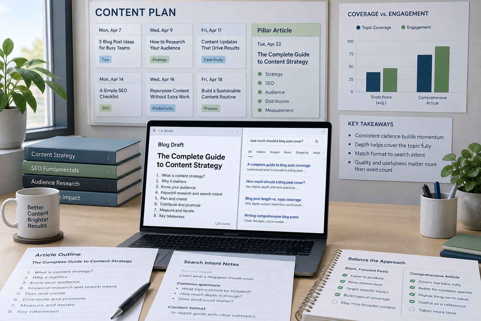 Content strategist’s desk compares a detailed blog outline with a steady posting schedule while researching how long should a blog be.