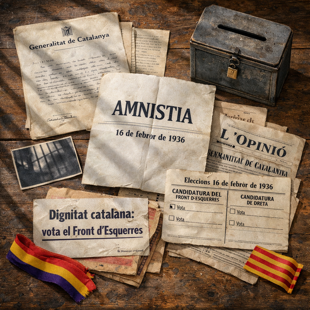 Documents electorals catalans de 1936 amb “AMNISTIA”, urna i banderes; “Victoria del Front d'Esquerres al 36”.