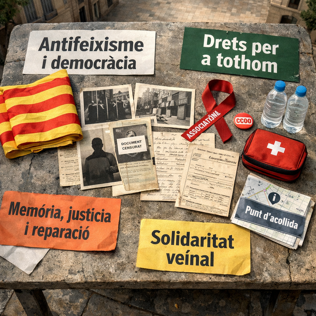 Taula cívica amb senyera, cartells antifeixistes i memòria franquista; “L'11 de Septembre Catalunya serà antifeixista”.