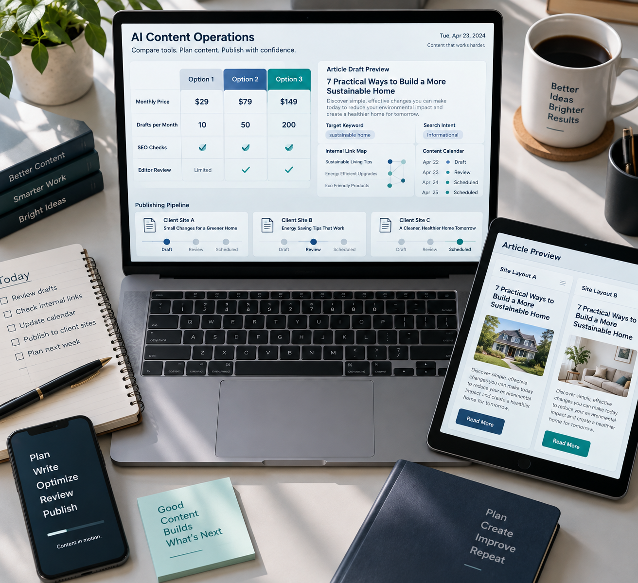 Overhead publishing desk with dashboard comparing ai powered content generation tools, article planning panels, and tablet layouts.