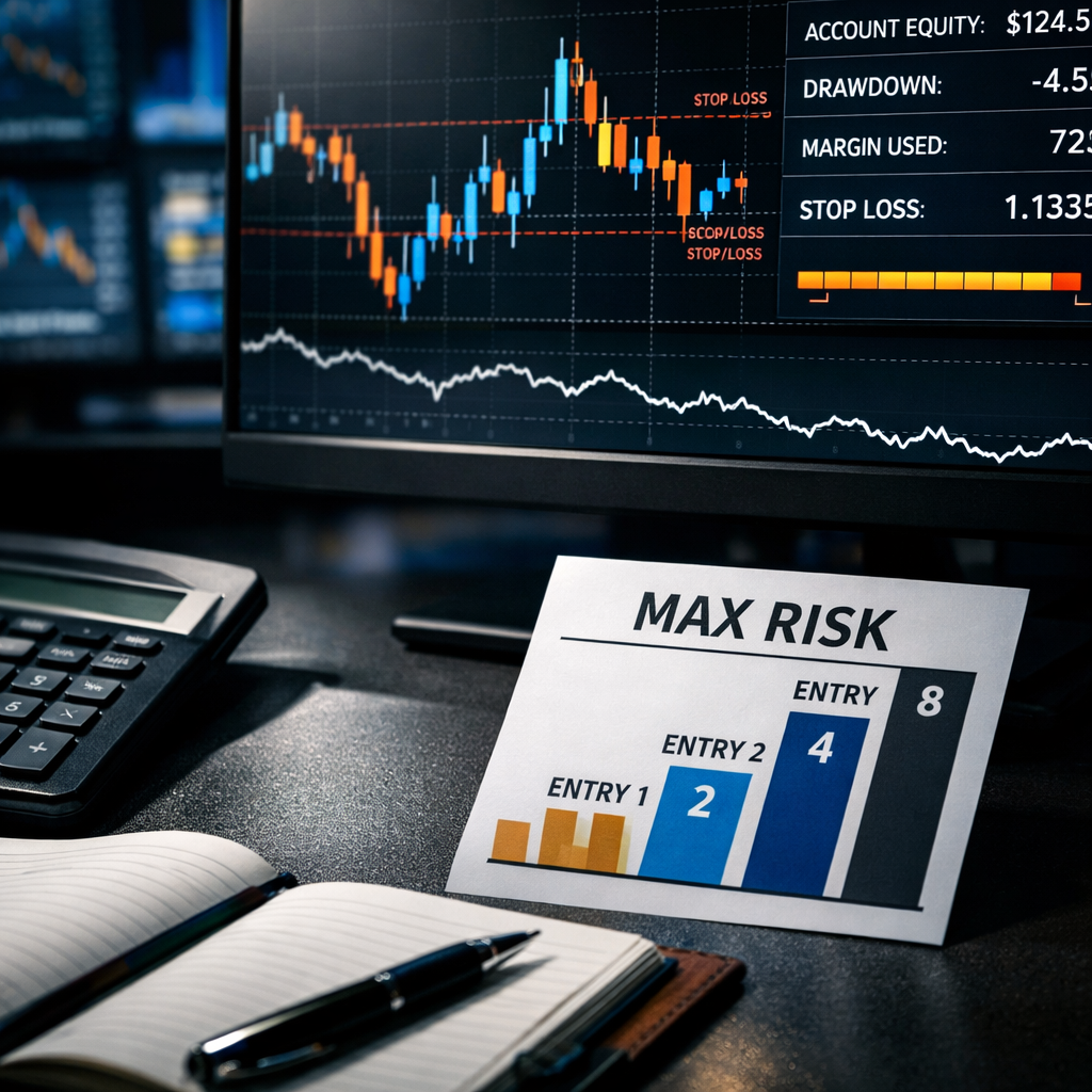 Macro forex workstation showing EUR/USD risk charts, calculator, journal, and 1-2-4-8 diagram for a martingale forex strategy.
