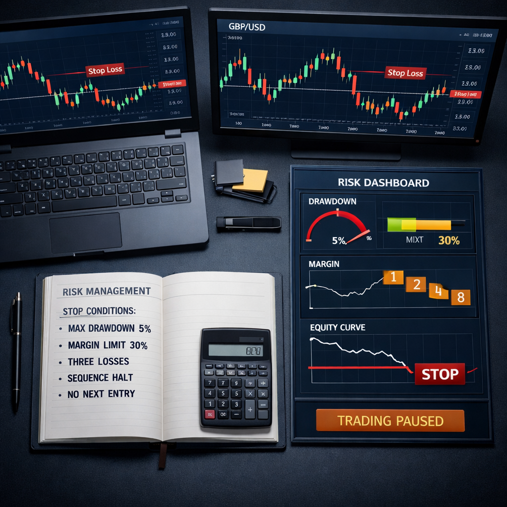 Overhead martingale forex strategy workstation with charts, stop-loss markers, risk dashboard, 1–2–4–8 sequence, and trading paused.